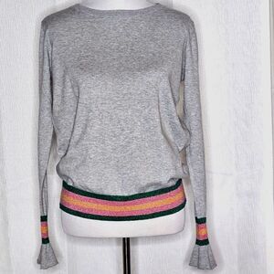 WYSE London Gray & Metallic Striped Long Sleeve Flutter Cuff Liggtweight Sweater